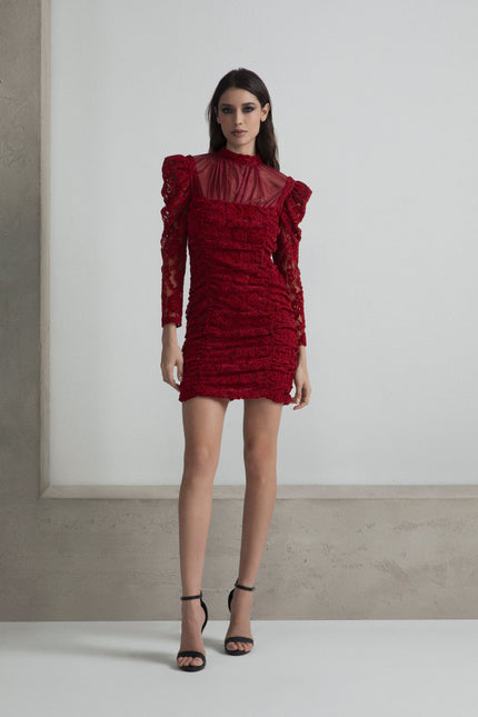 ABITO TUBINO IN PIZZO DI VELLUTO DRAPPEGGIATO CON TULLE