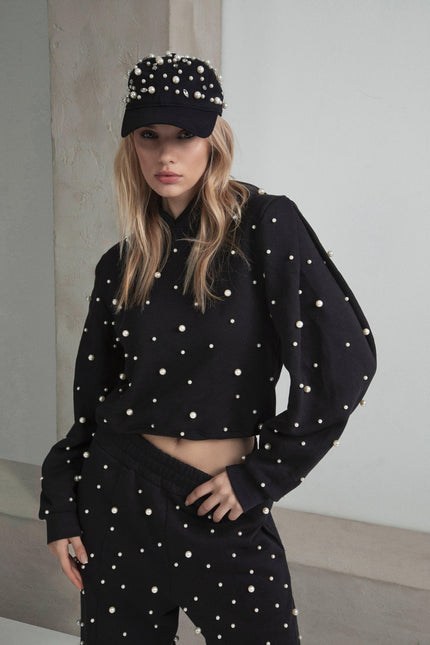 NORMAL FIT HOODIE WITH PEARL DECORATIONS