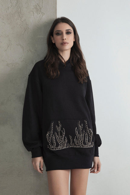 FLAME HOODED SWEATSHIRT DRESS WITH POCKETS