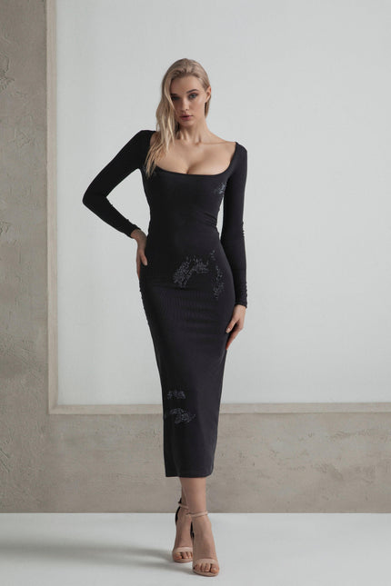 LONG DRESS WITH RHINESTONE AND CAMOUFLAGE STAIN