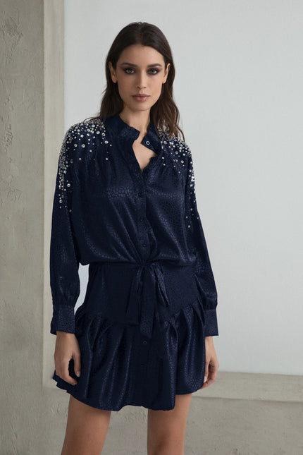 CHEMISIER DRESS WITH RHINESTONE WRAP SKIRT AND BELT