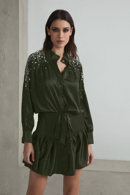 CHEMISIER DRESS WITH RHINESTONE WRAP SKIRT AND BELT