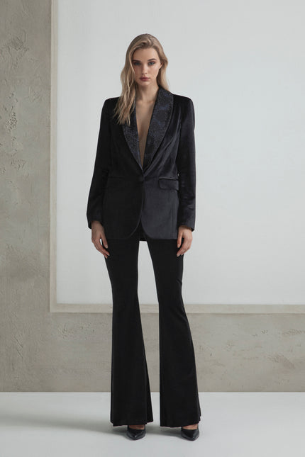 VELVET FLARED TROUSERS WITH CRYSTALS ON THE WAISTBAND