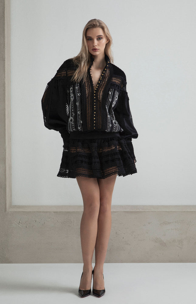 ABITO VELLUTO GONNA CORTA A BALZE CON INSERTI PIZZO E PERLINE CUCITE A MANO