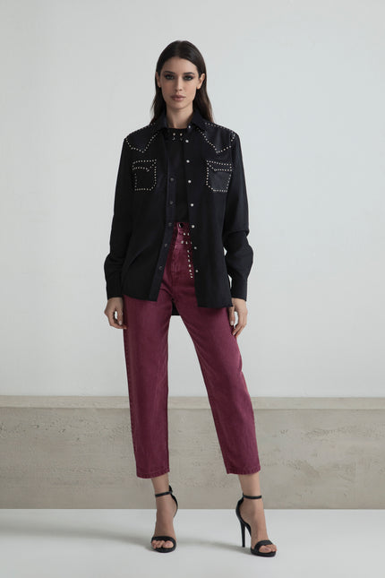 High-waisted Barrel Jeans with Silver and Black Studs