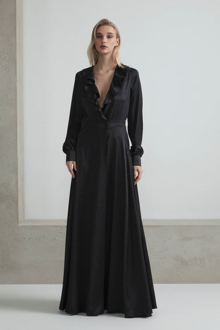 LONG WRAP DRESS WITH RUFFLES ON THE FRONT AND RHINESTONE