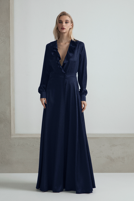 LONG WRAP DRESS WITH RUFFLES ON THE FRONT AND RHINESTONE