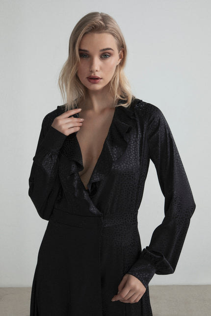 LONG WRAP DRESS WITH RUFFLES ON THE FRONT AND RHINESTONE