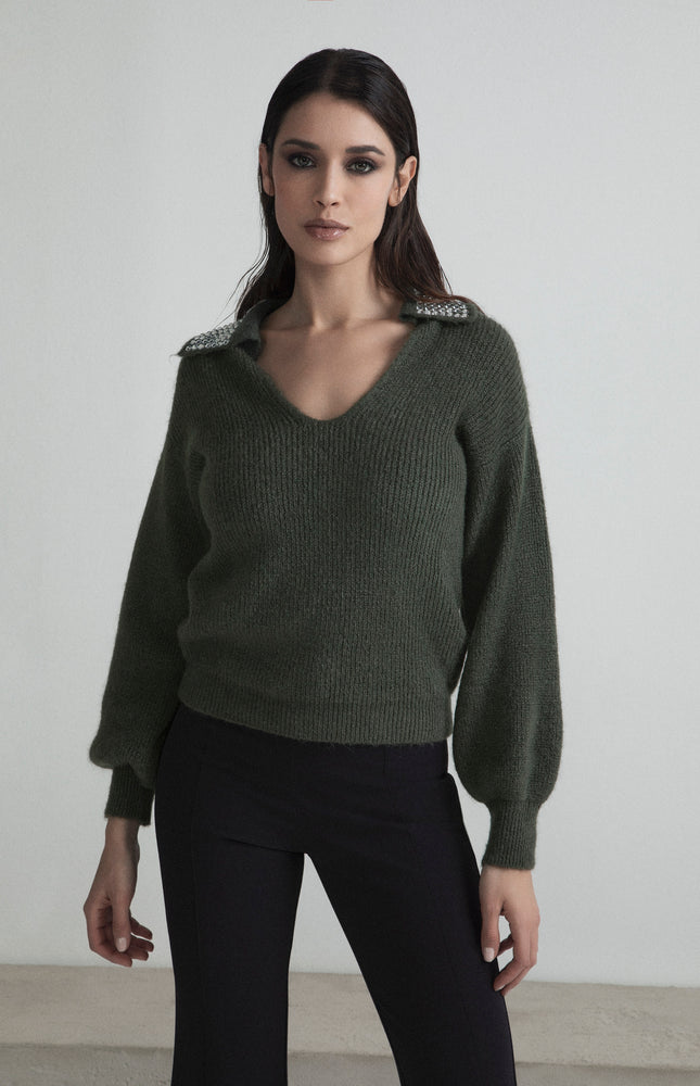 MAGLIA STILE POLO MISTO MOHAIR CON STRASS SU COLLO