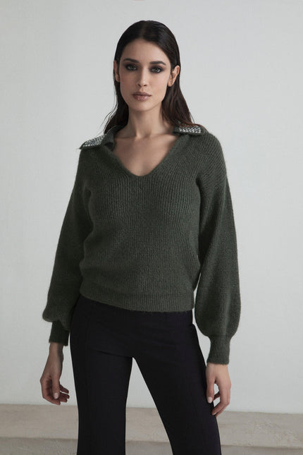 MOHAIR MIXED POLO STYLE SWEATER WITH RHINESTONE ON THE NECK