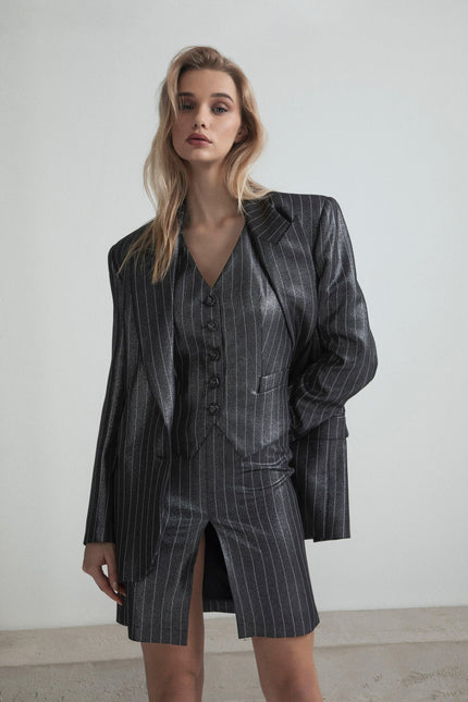 PINSTRIPED PENCIL SKIRT WITH FRONT SPLIT