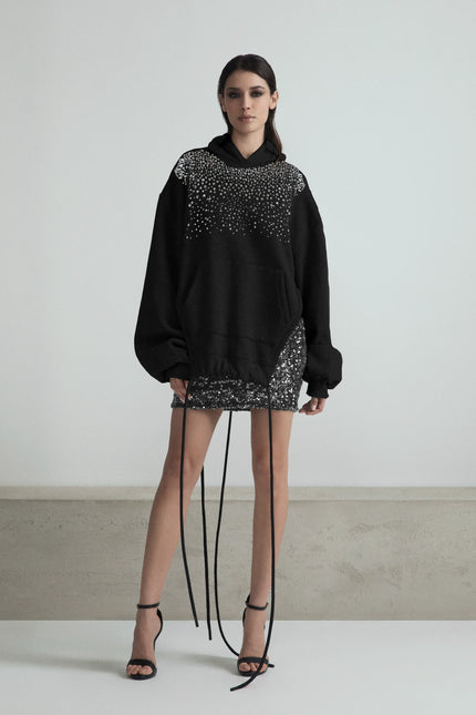 OVERSIZED CUT-OUT SWEATSHIRT WITH LACES AND RHINESTONE