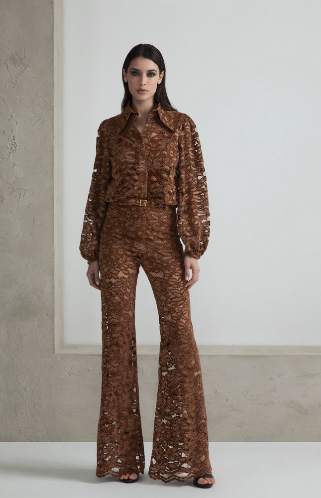 CAMICIA PIZZO DI VELLUTO MANICA LUNGA A PALLONCINO E COLLETTO