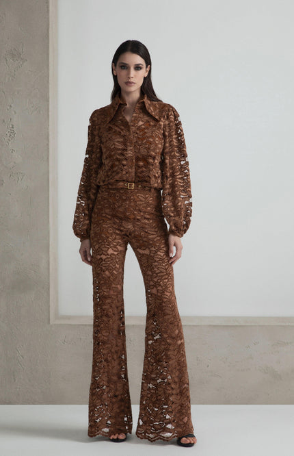 Woman wearing brown lace long sleeve shirt and matching flared pants, fashion look