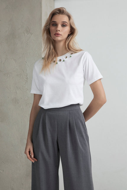 REGULAR FIT T-SHIRT WITH COLORED RHINESTONE EYELETS STUDS