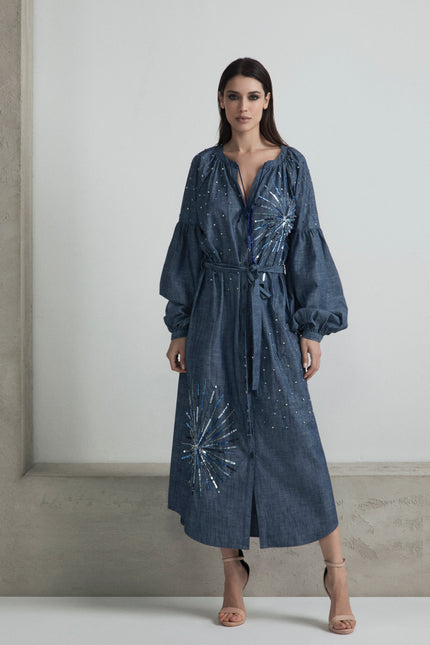 HAND EMBROIDERED DENIM CAFTAN DRESS