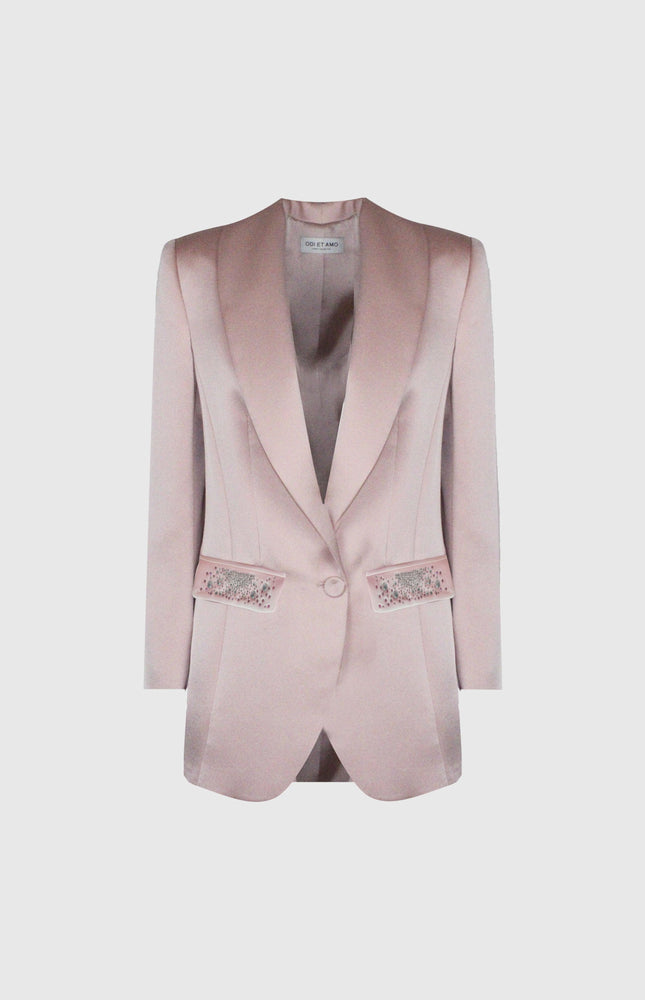 GIACCA ROSA CIPRIA IN VISCOSA STILE SMOKING MONOPETTO UN BOTTONE E TASCHE GIOIELLO