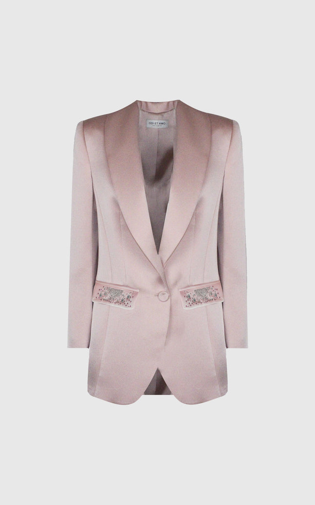Light pink women's blazer with satin finish and embellished pockets, fashion jacket