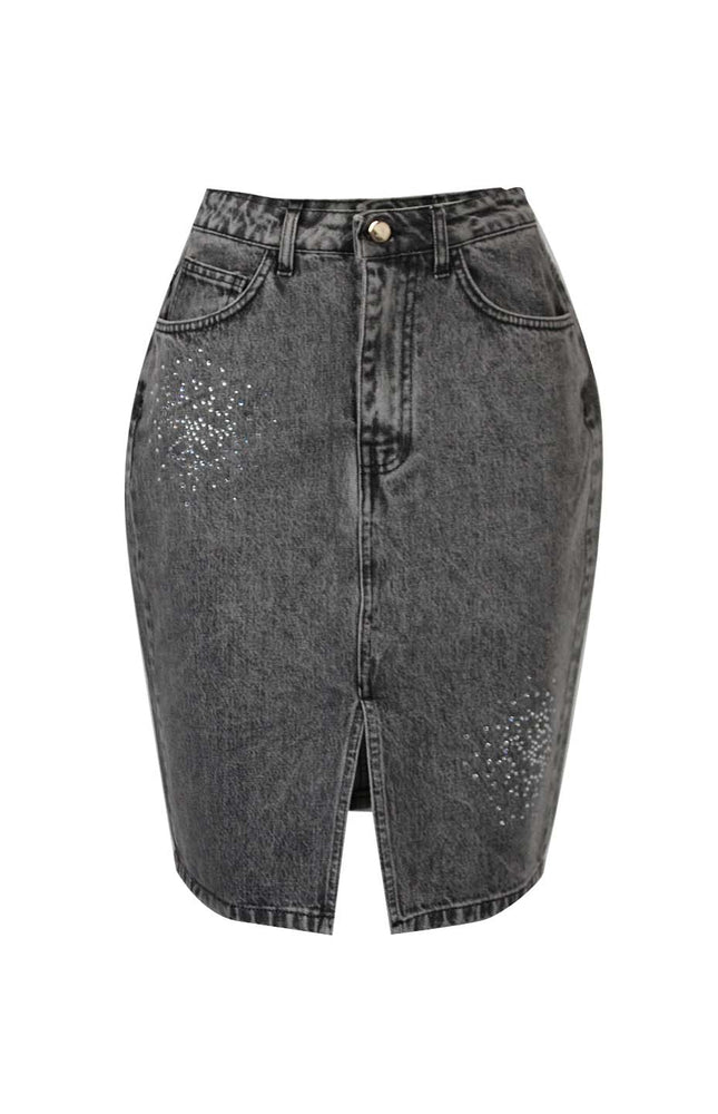 DENIM LONGUETTE SKIRT WITH CRYSTALS