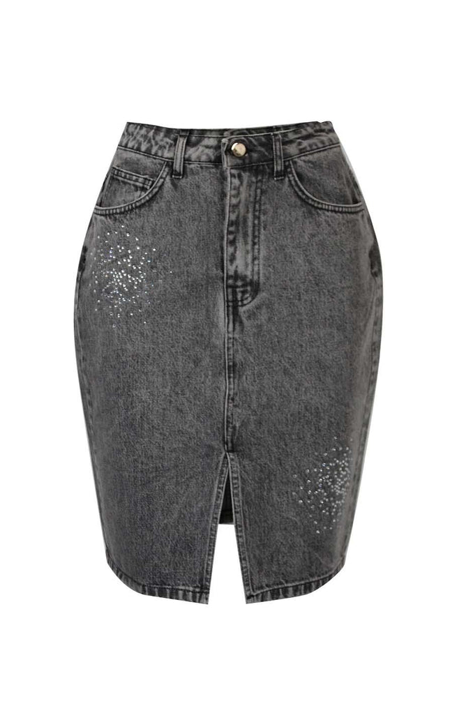 DENIM LONGUETTE SKIRT WITH CRYSTALS
