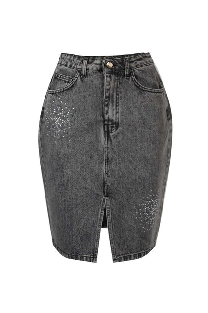 DENIM LONGUETTE SKIRT WITH CRYSTALS