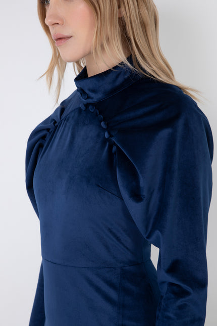 SHORT HIGH-NECK VELVET SHEATH DRESS WITH BALLOON SLEEVES AND BUTTONS
