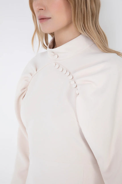 SHORT HIGH NECK SHEATH DRESS WITH BALLOON SLEEVES AND BUTTONS