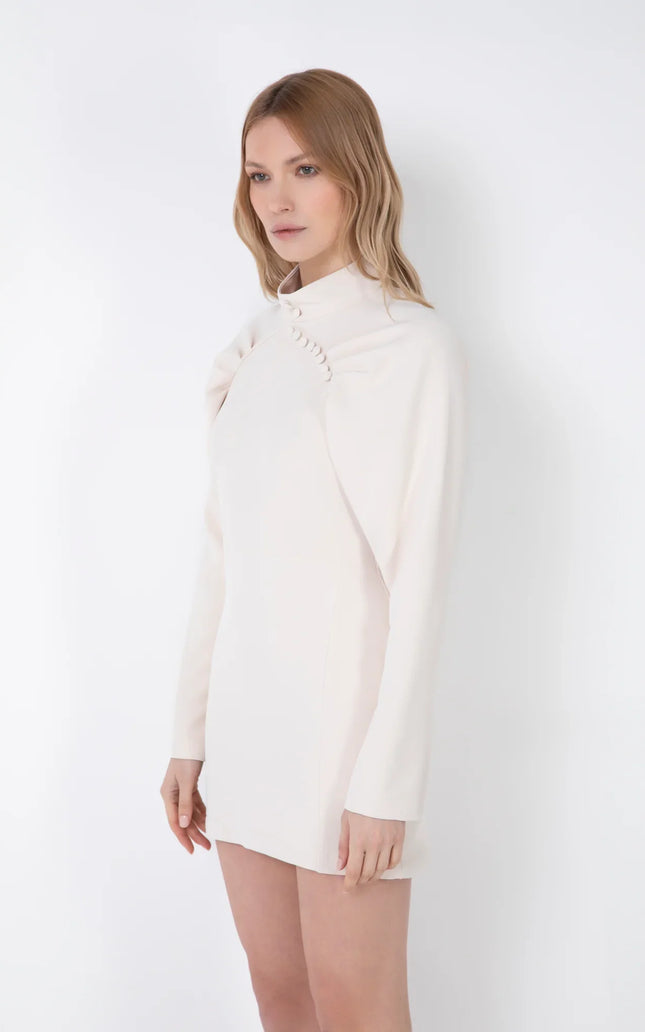 SHORT HIGH NECK SHEATH DRESS WITH BALLOON SLEEVES AND BUTTONS