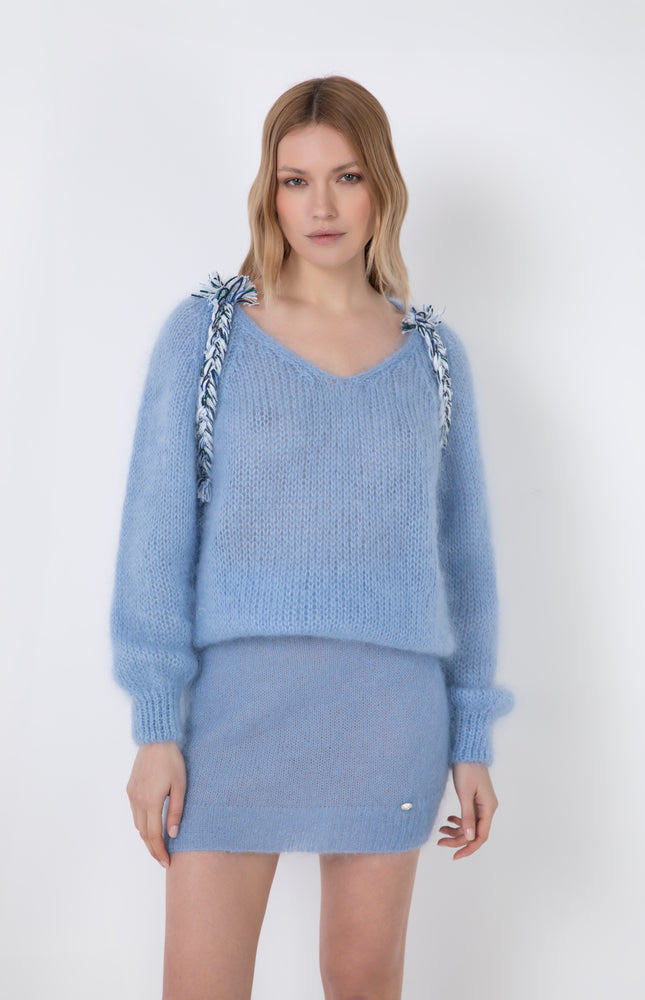 PULLOVER SCOLLO A V IN MISTO MOHAIR CON DECORAZIONE TRECCIA
