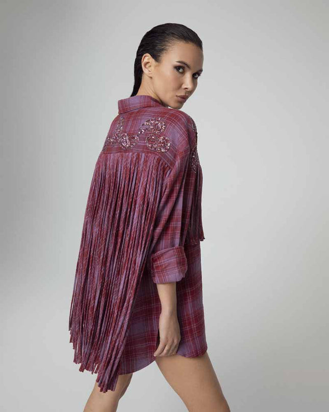 ABITO CAMICIA OVERSIZE TARTAN CON FRANGE E RICAMI