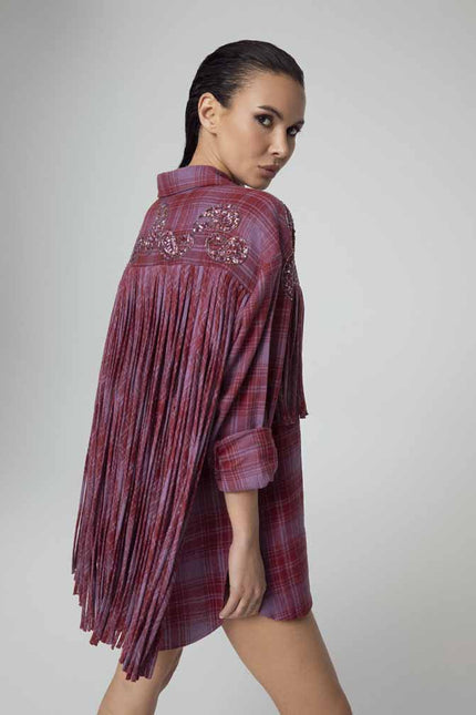 ABITO CAMICIA OVERSIZE TARTAN CON FRANGE E RICAMI