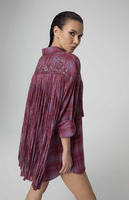 ABITO CAMICIA OVERSIZE TARTAN CON FRANGE E RICAMI