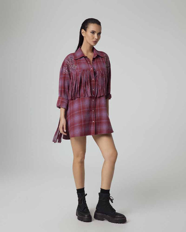 ABITO CAMICIA OVERSIZE TARTAN CON FRANGE E RICAMI
