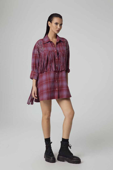 ABITO CAMICIA OVERSIZE TARTAN CON FRANGE E RICAMI