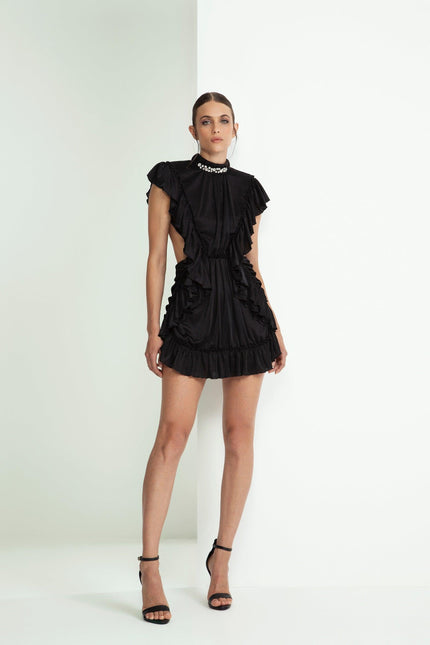 ABITO CORTO SCOLLATO SUL RETRO E DRAPPEGGIATO CON CRISTALLI SUL COLLO