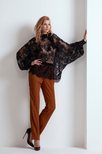 SEMI-TRANSPARENT LACE SHIRT WITH JEWEL CUFF 