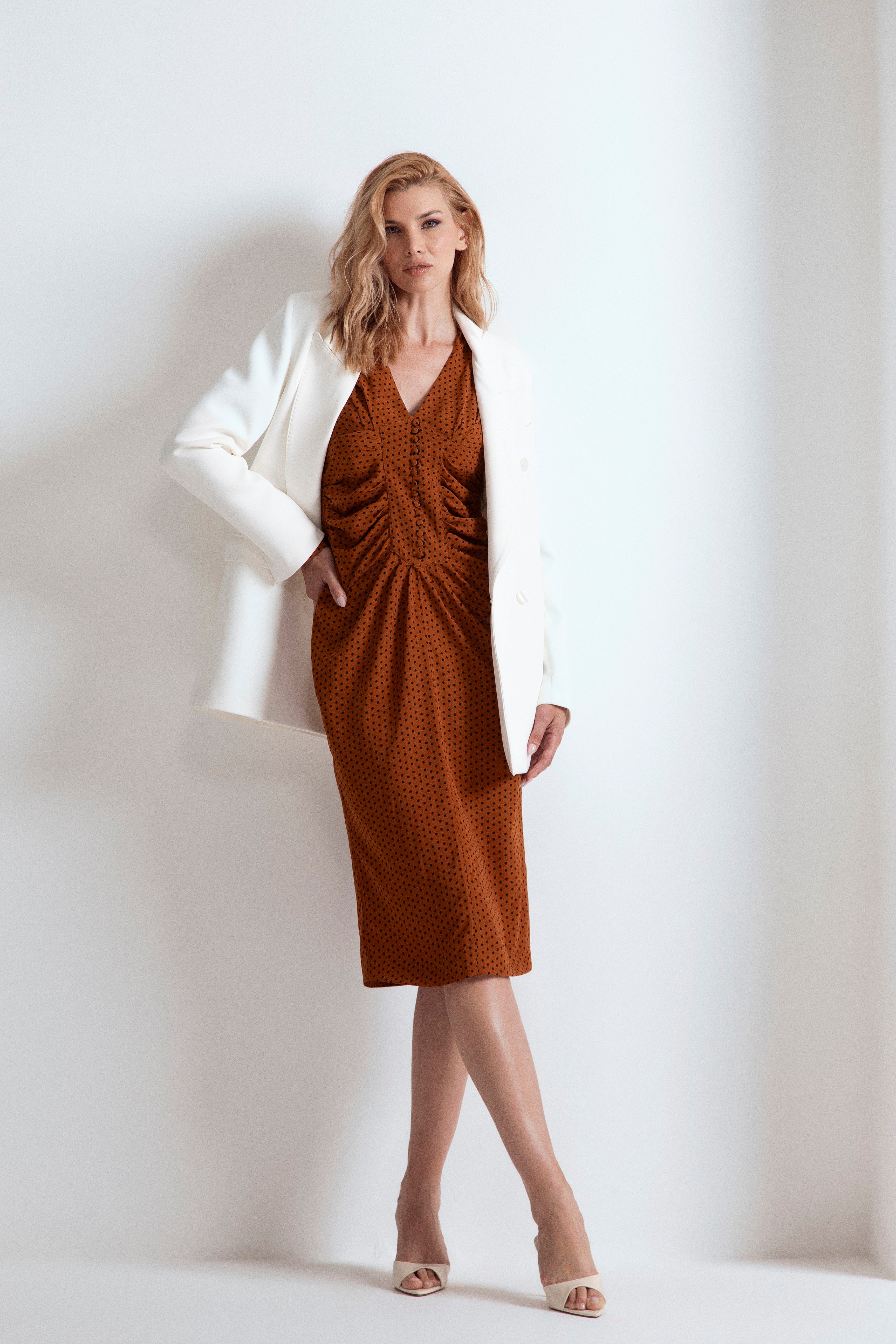 ABITO COCKTAIL MIDI CON DRAPPEGGIO E BOTTONI STAMPA POIS