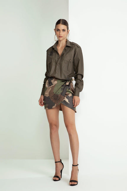 CAMICIA SAFARI MILITARE IN COTONE GIZA APPLICAZIONE CRISTALLI NERI BIG BANG