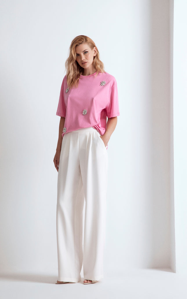 T-shirt Paris rosa oversize in cotone biologico con applicazione foglia gioiello brillante firmata Odi Et Amo