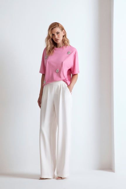 T-shirt Paris rosa oversize in cotone biologico con applicazione foglia gioiello brillante firmata Odi Et Amo