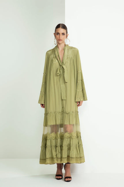 ABITO MIDI CHEMISIER CON DETTAGLI IN PIZZO E FIOCCO