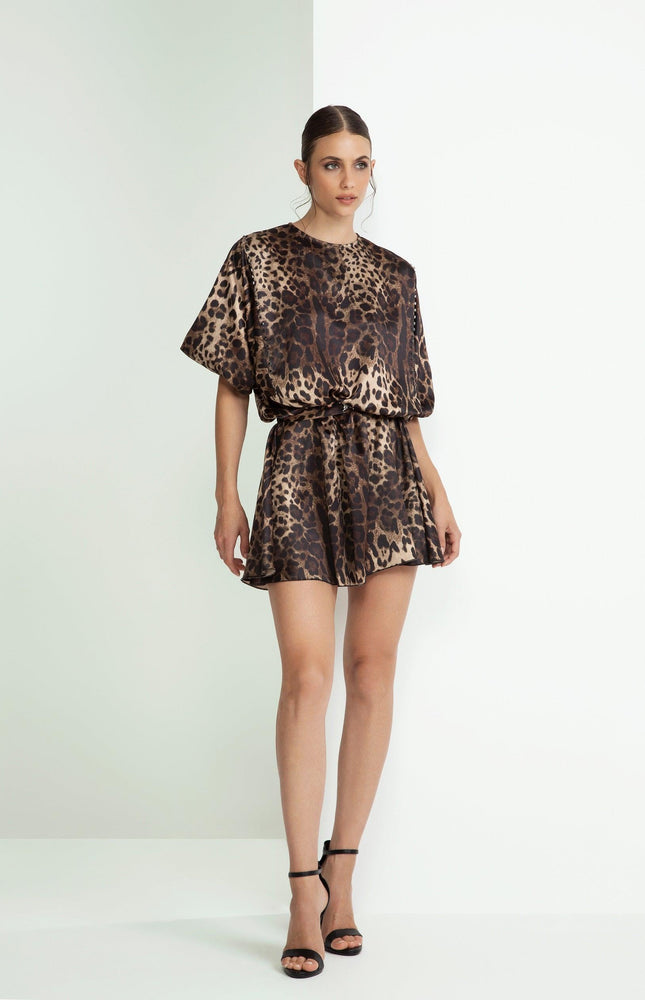 ABITO SCAMPANATO MEZZA MANICA CON STAMPA LEOPARDO E CRISTALLI NERI