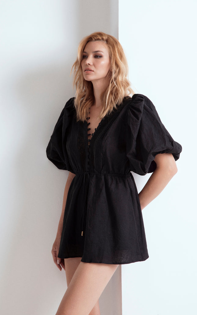 MONIA SHORT LINEN DRESS WITH LACE EMBROIDERY ON THE FRONT 