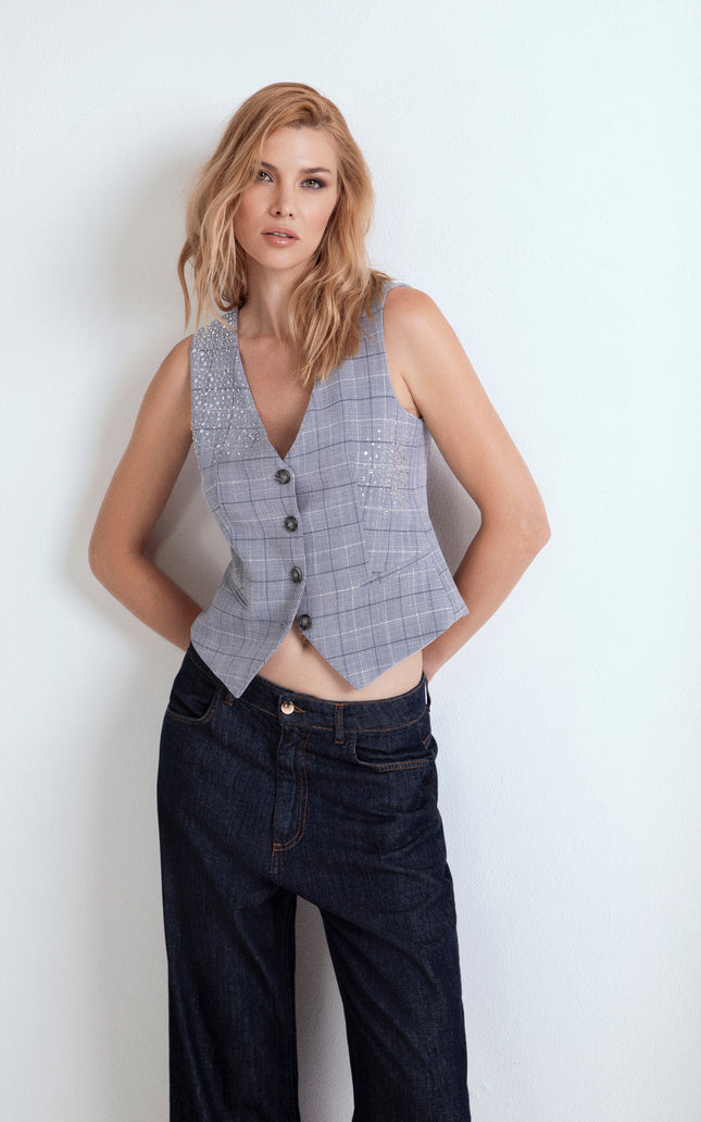 ASIA TAILORED VEST WITH CHECK PRINT AND RHINESTONE APPLICATION