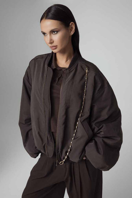 OVERSIZED BOMBER JACKET WITH POCKETS AND JEWEL CHAIN