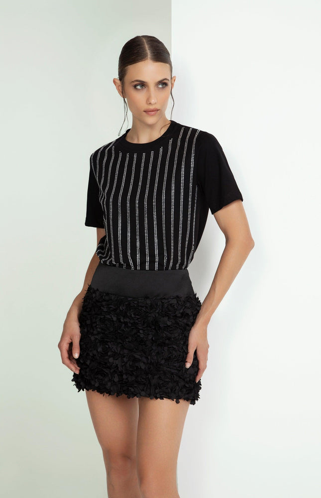 T‐SHIRT SMANICATA IN COTONE CON STRASS A RIGHE