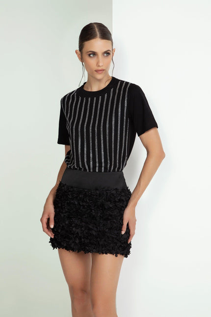 T‐SHIRT SMANICATA IN COTONE CON STRASS A RIGHE