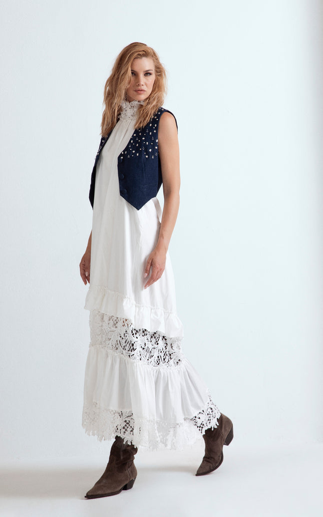 HAND-EMBROIDERED DENIM-EFFECT COTTON VEST