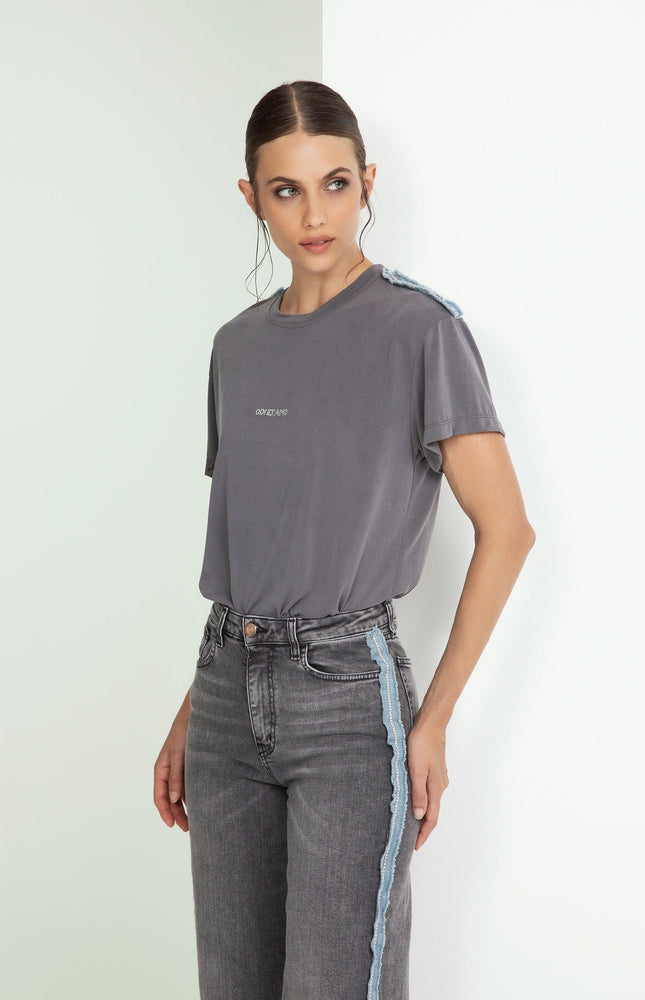 T‐SHIRT SMANICATA INSERTI JEANS E STRASS COTONE MODAL