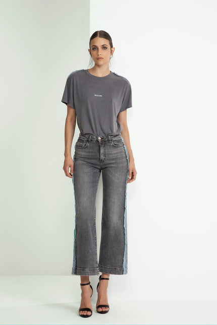 T‐SHIRT SMANICATA INSERTI JEANS E STRASS COTONE MODAL